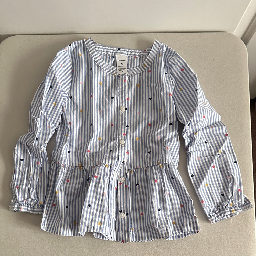 GAP Kids Blue Striped Button Down Shirt with Colorful mini hearts